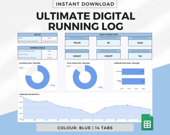 ULTIMATE Digital Running Log Spreadsheet Template for Google Sheets - Blue, Running Tracker, Running Log, Running Spreadsheet