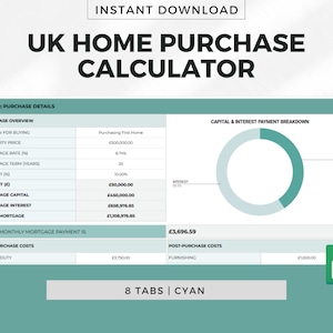 UK Home Purchase Calculator Spreadsheet for Google Sheets - Cyan, First-Time Buyer, Home Purchase Template, UK Property Costs, Stamp-Duty