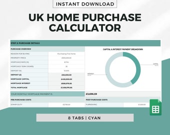 Foglio di calcolo per il calcolatore dell'acquisto di una casa nel Regno Unito per Fogli Google: ciano, acquirente per la prima volta, modello di acquisto della casa, costi immobiliari nel Regno Unito, imposta di bollo