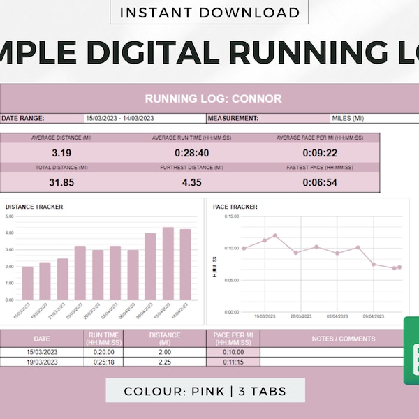 Running Log Excel Template Etsy