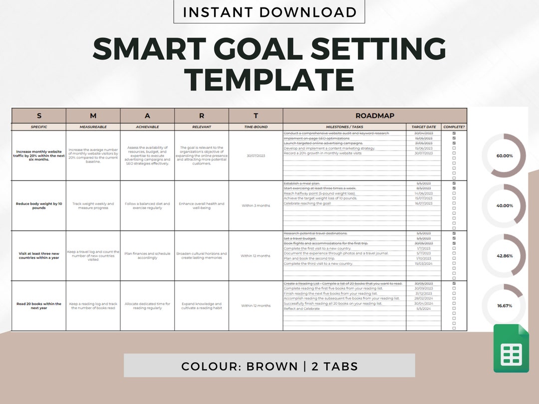 SMART Goal Setting Template for Google Sheets - Brown, Goal Planner ...