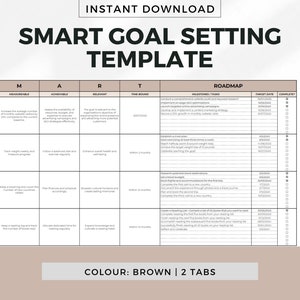 May include: A brown and white printable SMART goal setting template with a roadmap section, target dates, and a progress bar. The template includes sections for specific, measurable, achievable, relevant, and time-bound goals.