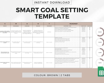 May include: A brown and white printable SMART goal setting template with a roadmap section, target dates, and a progress bar. The template includes sections for specific, measurable, achievable, relevant, and time-bound goals.