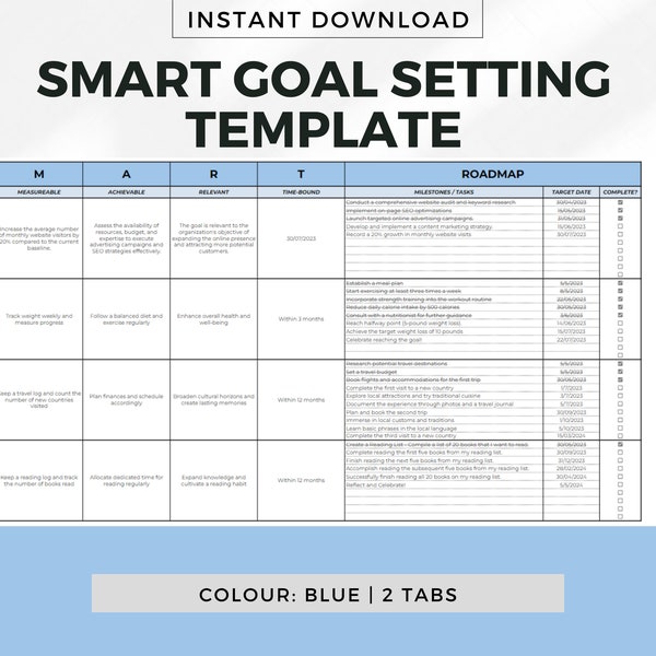 SMART Goal Setting Template for Google Sheets - Blue, Goal Planner, Digital Goals, Goals 2023, Goals Tracker, Goal Workbook