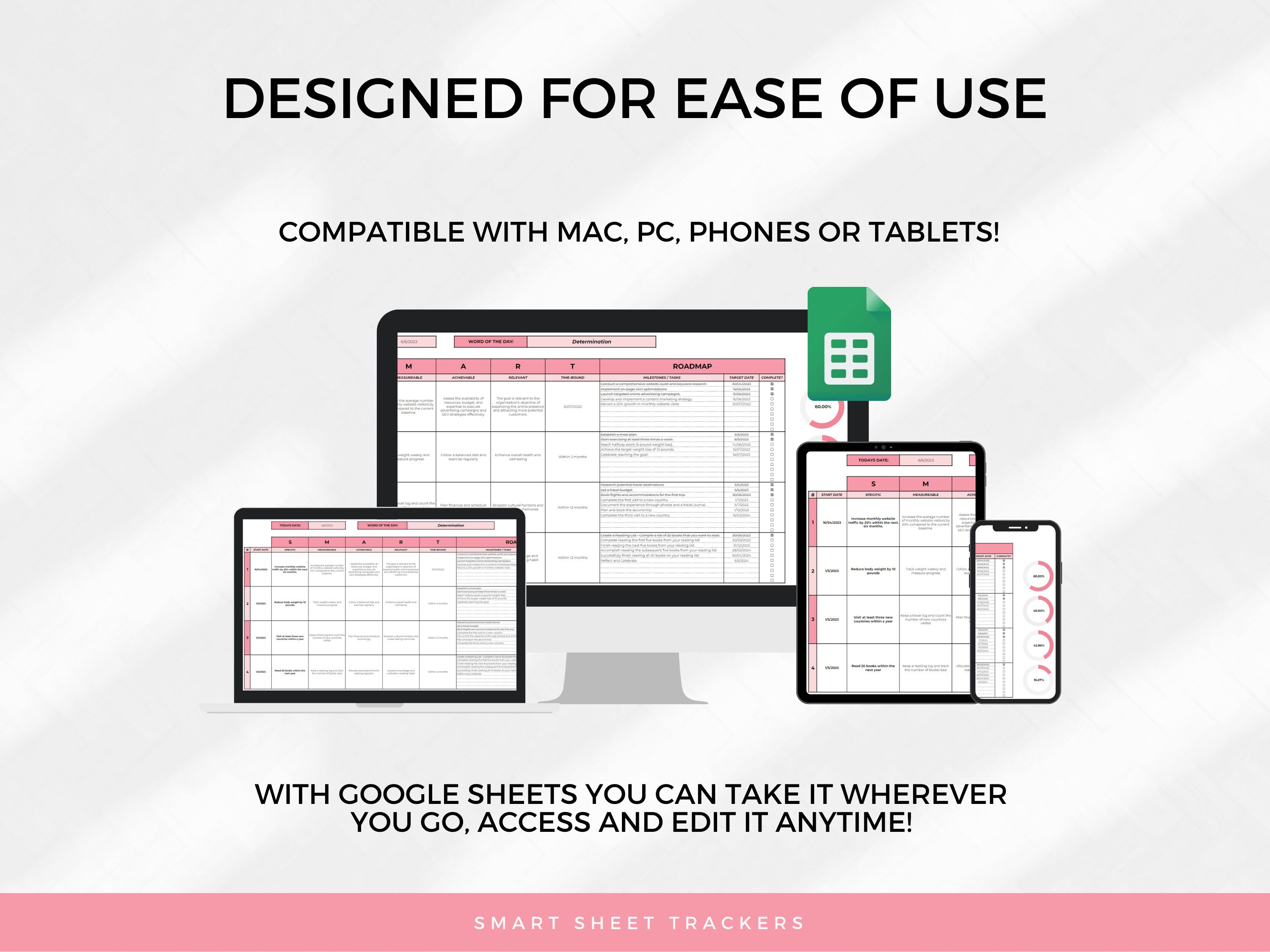 SMART Goal Setting Template for Google Sheets - Pink, Goal Planner ...