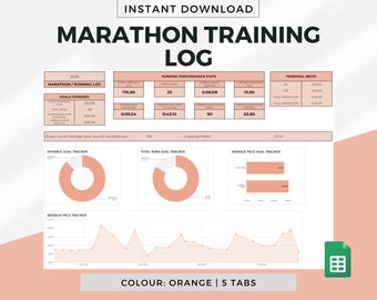 Kalkylblad för maratonträningslogg för Google Sheets - Orange, löplogg, mall för maratonlöpning, löpdagbok, maratonträning