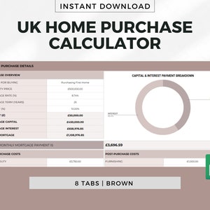 UK Home Purchase Calculator Spreadsheet for Google Sheets - Brown, First-Time Buyer, Home Purchase Template, Mortgage Calculator, Stamp-Duty