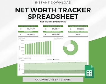 Net Worth Tracker Spreadsheet Template for Google Sheets - Green, Net Worth Dashboard, Personal Finance, Net Worth Sheet Template