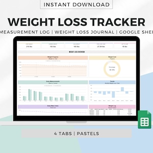 Gewichtsverlies-tracker-spreadsheet voor Google Spreadsheets, gewichtsverliesplanner, dagelijkse wekelijkse weeggrafiek, lichaamsmetingslogboek, gewichtsdagboek