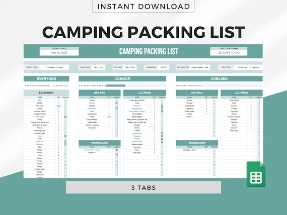 CAMPING Packing List Spreadsheet Template for Google Sheets, Packing List Template,  Camping and Hiking Packing, Outdoor Camping