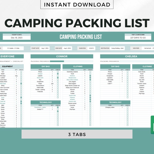 CAMPING Packing List Spreadsheet Template for Google Sheets, Packing List Template,  Camping and Hiking Packing, Outdoor Camping