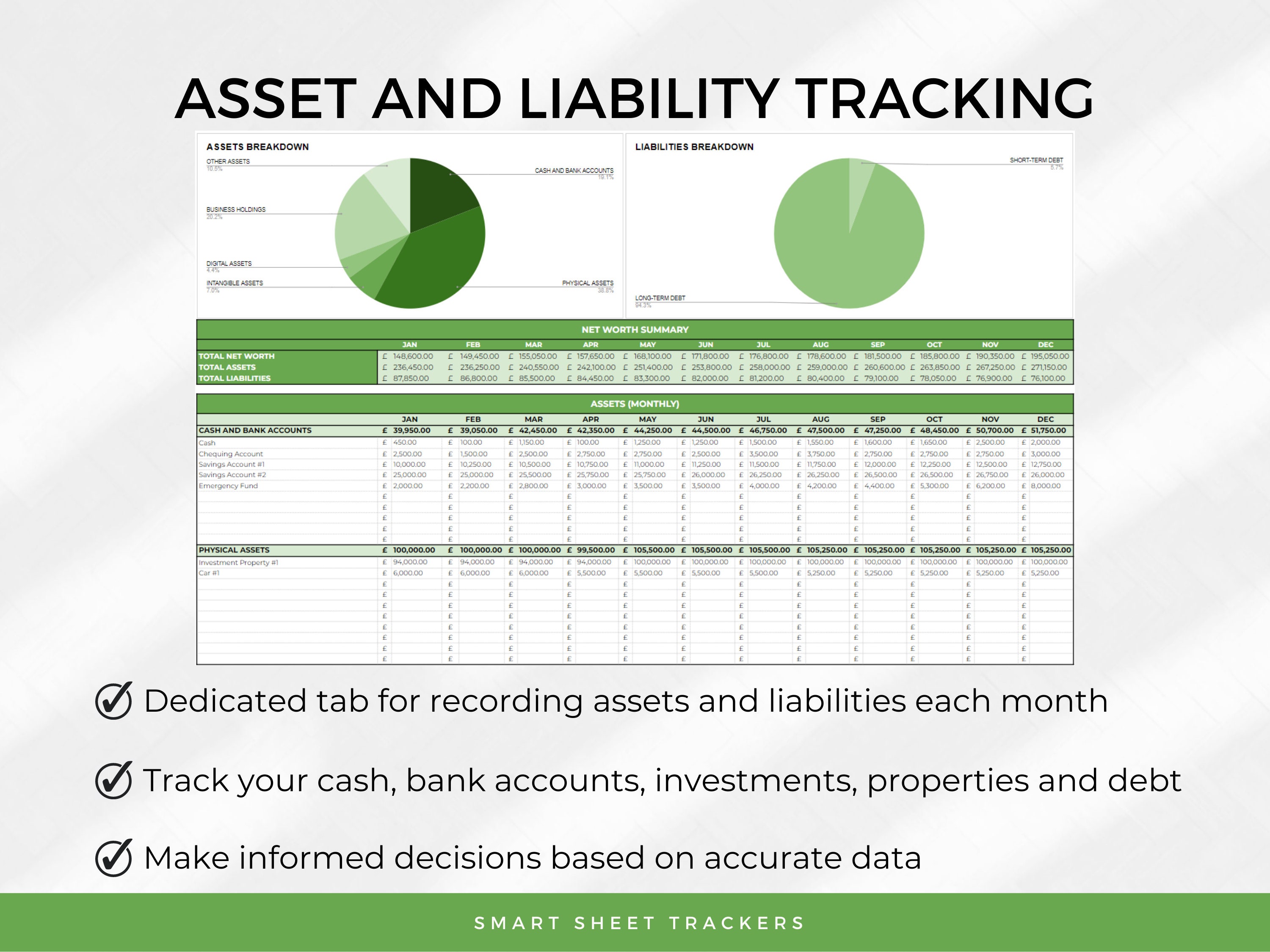 Net Worth Tracker Spreadsheet Template for Google Sheets - Green, Net ...