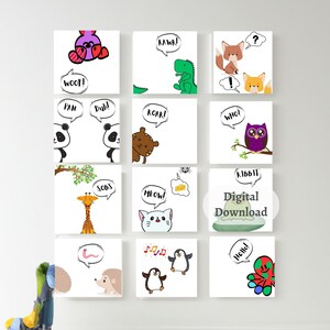 Conjunto de paquetes de 12 artes de pared imprimibles para niños, impresiones de guardería, animales lindos, impresiones divertidas para niños, sala de juegos, decoración de pared de guardería, descarga digital