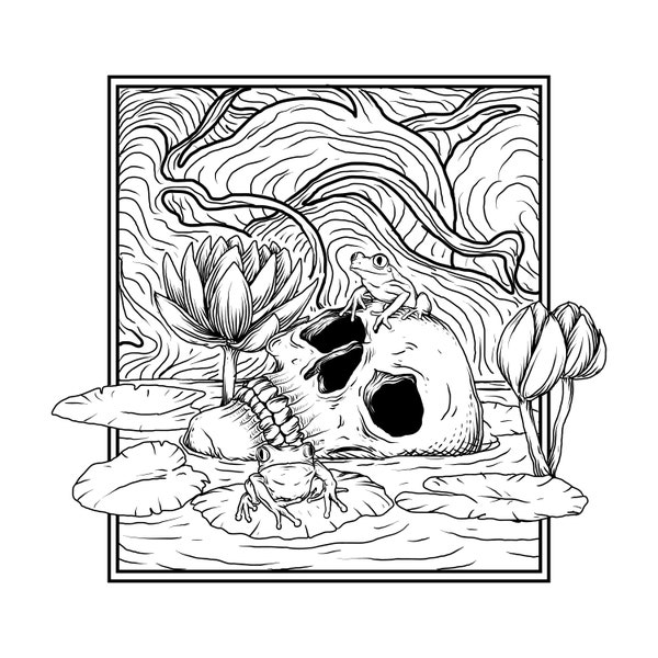 Skull, Frogs, Lotus: Reflections by the Lake, Black White Illustration, Engraving Style, Cricut Design Cut Files SVG + PNG + JPG + Eps + Ai