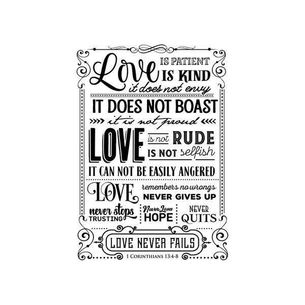 Love Never Fails 1 Corinthians 13:4-8 Bible Verse, Happy Valentine's Editable Layered Cut Files SVG + JPEG + PNG + GiF Cricut Design Space