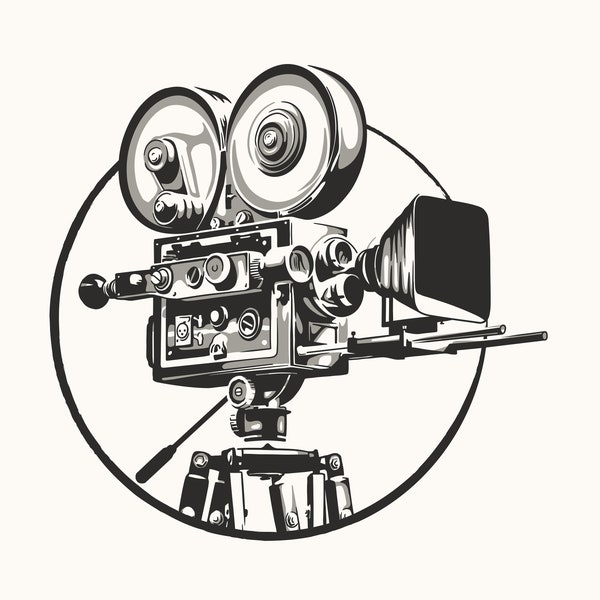 Retro Movie Camera with Tripod Vector, Illustration, Layered Cut File SVG + PNG + Ai + GiF + EpS + JPEG + Pdf Clip Art & Image Files