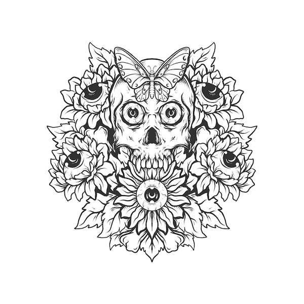 Sunflowers, Eyes, Skull and Butterfly, Black White Illustration, Engraving Style, Layered Cricut Design Cut Files SVG + PNG + JPG + Eps + Ai