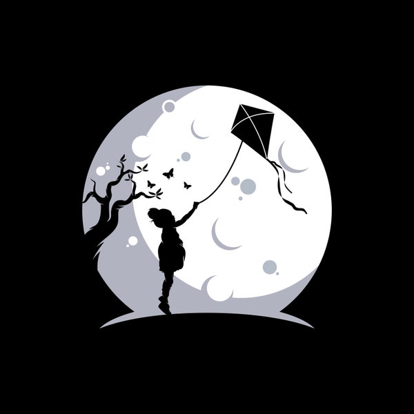 Chasing Dreams under the Moonlit Sky: A Little Girl and Her Kite, Editable Layered Cut File SVG + PNG + Ai + GiF + EpS + JPEG Cricut Design