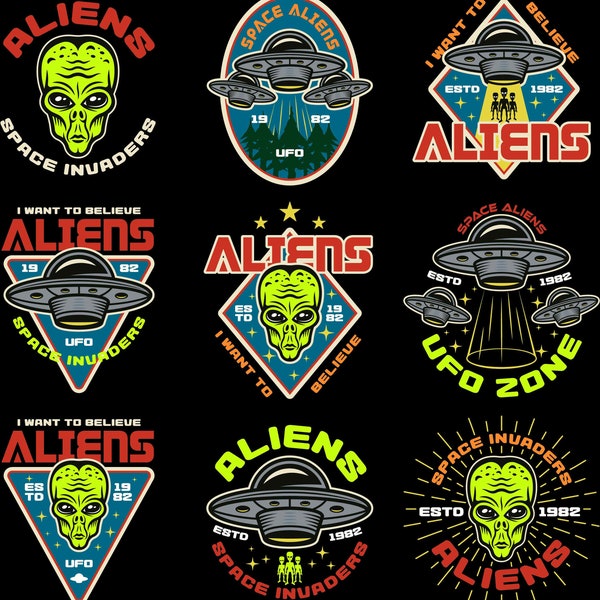 Aliens UFO Bundle, Aliens Space Invaders, Space Aliens, I Want to Believe, Editable, Layered Cricut Cut Files SVG + PNG + Ai + EpS + GiF