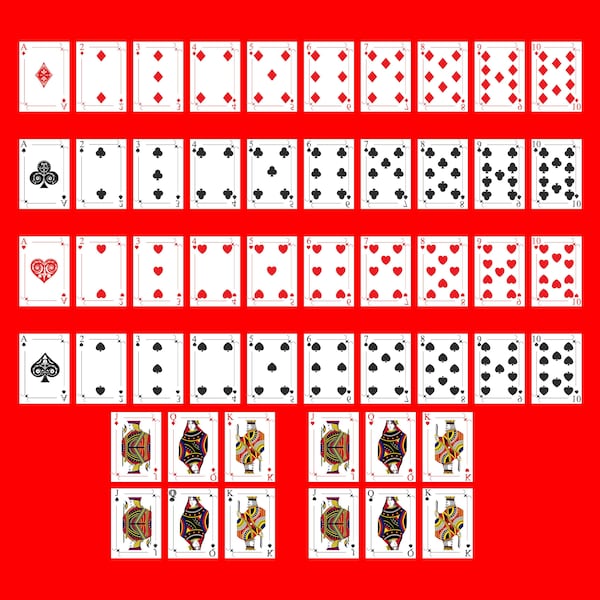 Printable 52 Playing Cards, Poker Cards, Full Deck Playing Cards, Print, Cut and Play, PDF + Ai + JPEG + GiF + PNG + EpS Digital Files