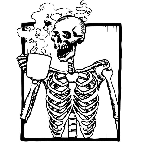 Skeleton Sips: Enjoying a Hot Cup of Coffee with a Spooky Twist, Layered Cricut Design Space Cut Files SVG + PNG + GiF + JPEG
