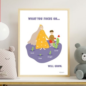 May include: A purple and white poster with a cartoon illustration of a woman and a child. The text on the poster reads "What you focus on... will grow." The poster also includes the words "love", "guilt", "fear", and "anger" in a circle around the woman and child.