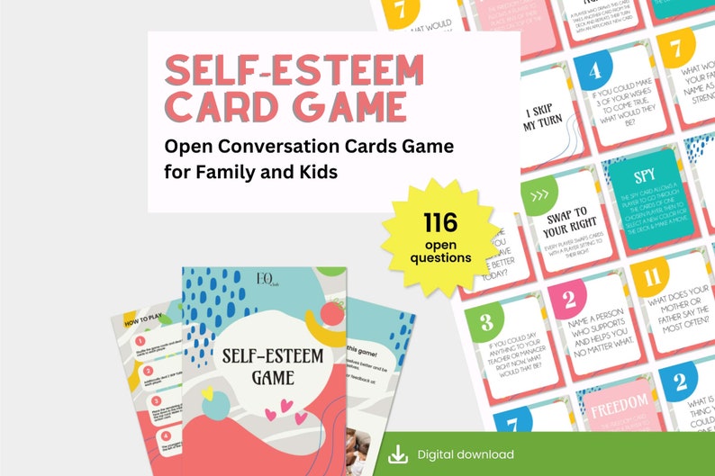 Op de afbeelding: Een digitale download voor een zelfbeeld kaartspel voor gezinnen en kinderen. Het spel bevat 116 open vragen om zelfvertrouwen op te bouwen en gesprekken te stimuleren. De kaarten hebben kleurrijke abstracte ontwerpen in een roze, blauwe en gele kleurstelling.
