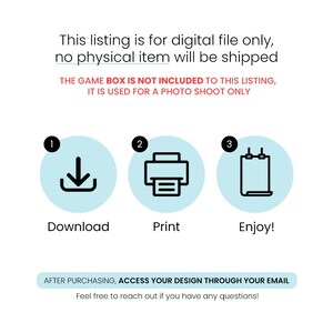 Op de afbeelding: Een digitale download-afbeelding met drie stappen: downloaden, afdrukken en genieten. De afbeelding is op een witte achtergrond met blauwe cirkels en zwarte pictogrammen.