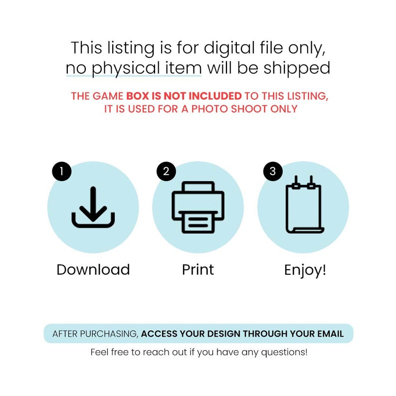 Op de afbeelding: Een digitale download-afbeelding met drie stappen: downloaden, afdrukken en genieten. De afbeelding is op een witte achtergrond met blauwe cirkels en zwarte pictogrammen.