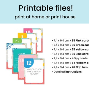 Op de afbeelding: Printbare spelkaarten met kleurrijke ontwerpen en nummers. De kaarten zijn 7,4 cm bij 9,4 cm en bevatten 35 roze, 35 groene, 35 gele, 35 blauwe, 4 spion-, 5 vrijheids- en 26 kaarten om een beurt over te slaan. De set bevat ook gedetailleerde instructies.