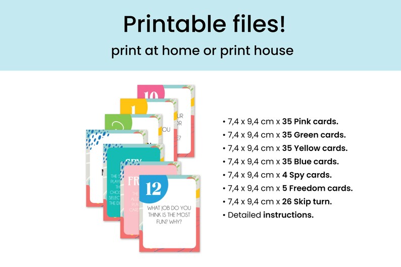 Op de afbeelding: Printbare spelkaarten met kleurrijke ontwerpen en nummers. De kaarten zijn 7,4 cm bij 9,4 cm en bevatten 35 roze, 35 groene, 35 gele, 35 blauwe, 4 spion-, 5 vrijheids- en 26 kaarten om een beurt over te slaan. De set bevat ook gedetailleerde instructies.