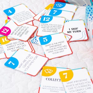 Op de afbeelding: Een set kleurrijke spelkaarten met vragen en instructies. De kaarten zijn rood, geel, blauw en wit met zwarte tekst. De kaarten hebben nummers erop, zoals 4, 7, 10, 12 en 5. Sommige van de vragen op de kaarten zijn: "Wat zou je zeggen als iemand je zou vragen om uit te leggen wat liefde is?" en "Wat is de belangrijkste beslissing die je in je leven zult nemen?"
