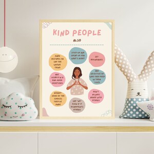 May include: A printable poster with the title "Kind People Also" and a list of characteristics of kind people, including "Make Mistakes or Say the Wrong Thing", "Stick Up and Speak Up for What's Right", "Set Boundaries", "Are Visibly in a Bad Mood Sometimes", "Are Selective of Who They Keep in Their Lives", "Regret Some of the Choices They've Made", "Say "No" Even If It Disappoints Others", and "Don't Always Agree With Others". The poster features a cartoon illustration of a woman meditating.