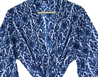 Boho Indigo Block Print Cotton Robe | Handmade Kimono Duster