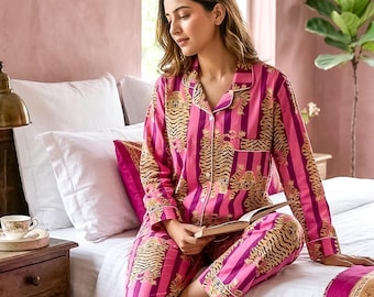 Tiger Print Cotton Pajama Set Women, Pink Animal Print Sleepwear, Handmade Summer Loungewear, Button Up Nightwear, Lightweight Cotton PJs
