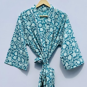 Teal Floral Cotton Kimono Robe – Handmade Lightweight Lounge Wear, Boho Spa Wrap, Botanical Print Dressing Gown, Gift for Her