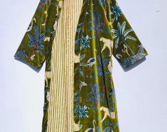 Jungle Safari Velvet Kimono Robe | Handmade Boho Duster Jacket