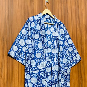 インディゴコットン着物ローブ | 花柄ブロックプリントバスローブ | 軽量夏用ラウンジウェア | 柔らかなハンドメイドスパローブ | 彼女へのギフト