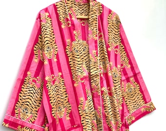 Pink Tiger Print Cotton Kimono Robe, Bohemian Beach Cover-Up
