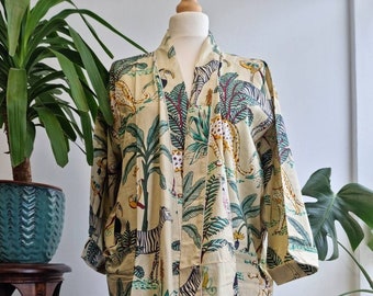 Handmade Jungle Print Kimono, Cotton Kimono Beach Cover up  Kimono Bathrobe Nightwear Woman Dressing Gown Bridesmaid Gifts