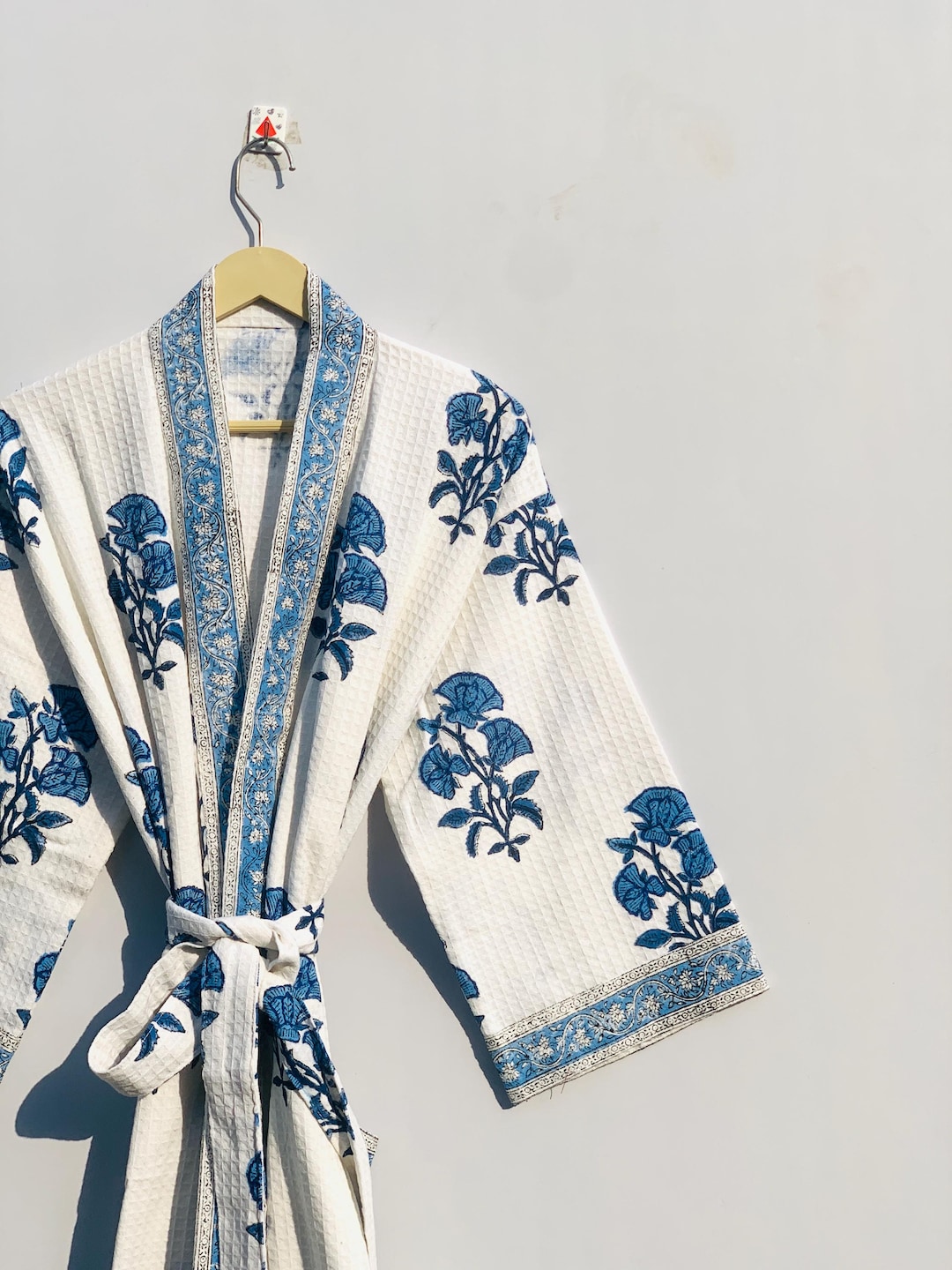 Blue Star Pattern Robe Blue Floral Block Print Cotton Robe | Handmade Kimono Loungewear - Etsy