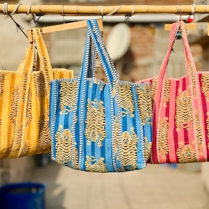 Handgemachte gesteppte Baumwolltasche - Tiger Print Shopper, umweltfreundlich, Boho Strand & Reisetasche