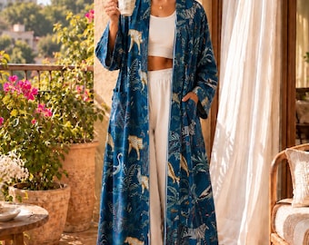Kimono reversibile in velluto di cotone con cintura, kimono lungo con stampa botanica, abbigliamento da casa