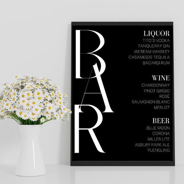 Black and White Bar Menu for Wedding - 8x10 - Canva Template - Fully Editable