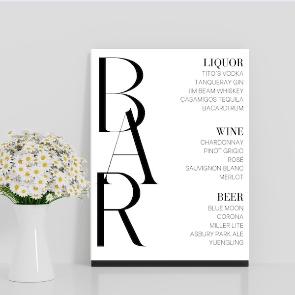 Black and White Bar Menu for Wedding - 8x10 - Canva Template - Fully Editable