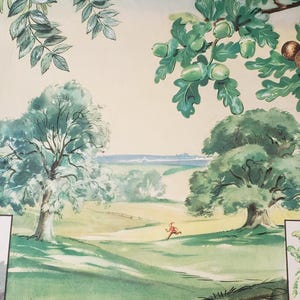 May include: A vintage educational poster featuring illustrations of different types of trees. The poster shows a green oak tree with acorns, a green ash tree with leaves, and a green willow tree with leaves. The poster also includes a small illustration of a person running through a field.