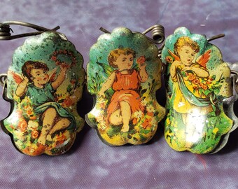 3 Rare , antique fairy lithograph Christmas tree candle clips