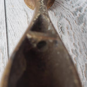 May include: A close-up shot of a dark brown, teardrop-shaped object with a hole. The object appears to be made of wood or a similar material. The background is a light-colored, weathered wooden surface.
