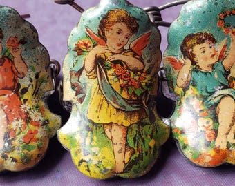 Rare , antique fairy Christmas tree lithograph candle clips multi- listing
