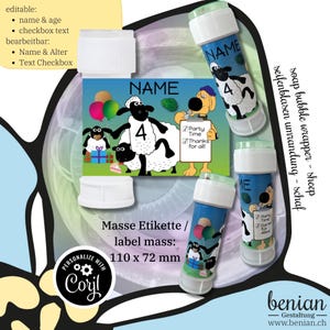 May include: Four colorful soap bubble bottles with a cartoon sheep design. The labels feature a sheep with the number 4, a dog, and the text "NAME" and "Party Time Thanks for all!" The bottles are 110 mm by 72 mm.